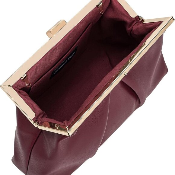 Faux Leather Clutch Purse Ruched PU Metal Frame Formal Evening Bag with Pearl St - Picture 6 of 6